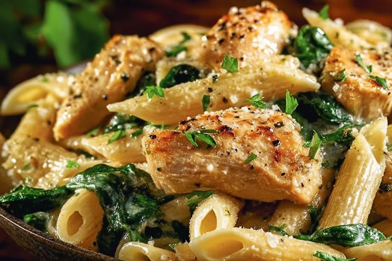 Creamy garlic parmesan chicken pasta garnished with fresh herbs and cheese