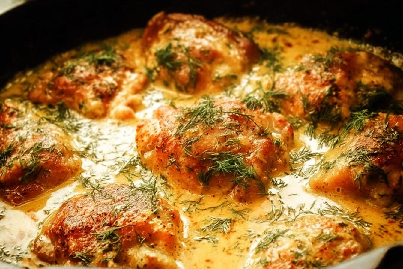 Creamy oven baked chicken thighs dish served on a plate