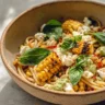 Creamy street corn pasta salad with fresh ingredients and vibrant colors