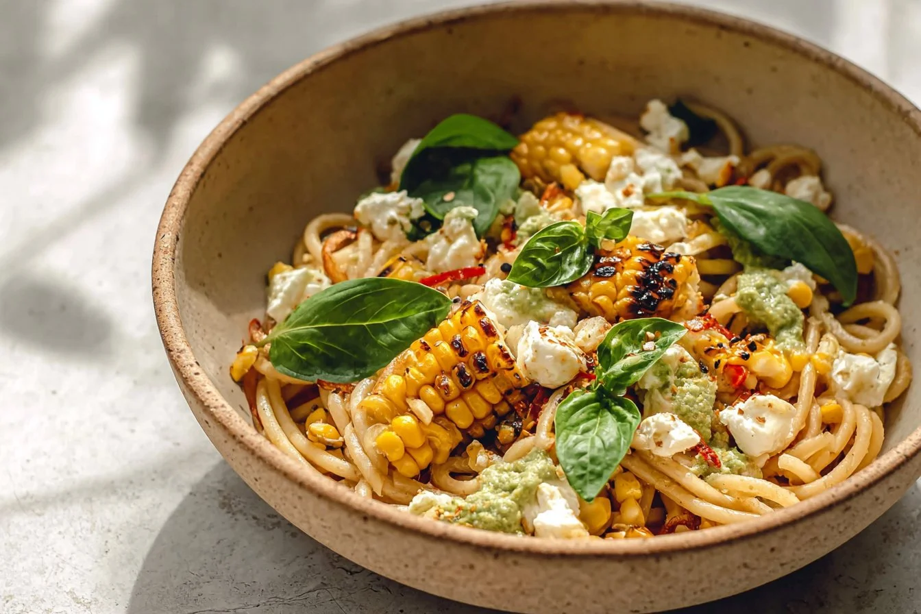 Creamy street corn pasta salad with fresh ingredients and vibrant colors