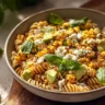 Creamy street corn pasta salad in a colorful bowl with herbs and spices