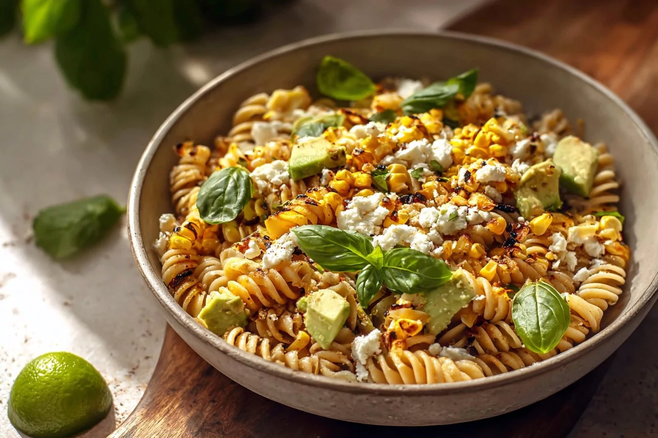 Creamy street corn pasta salad in a colorful bowl with herbs and spices