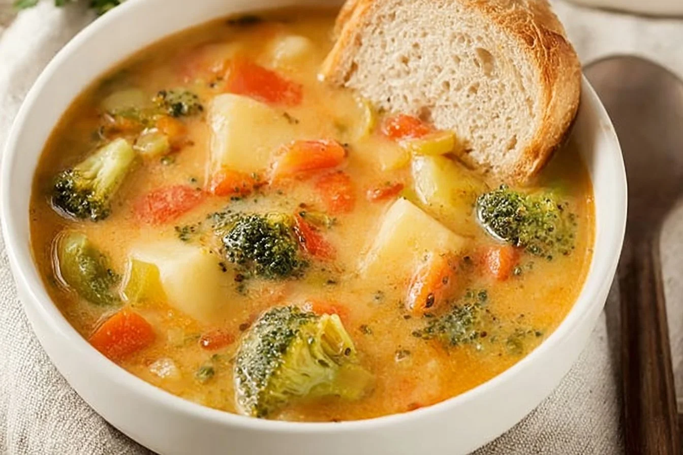 Bowl of creamy vegetable soup with fresh ingredients and herbs