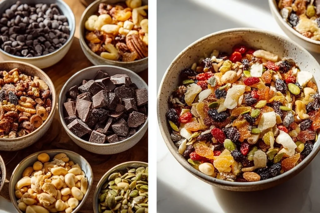 Assorted creative trail mix ingredients including nuts, dried fruit, and chocolate.