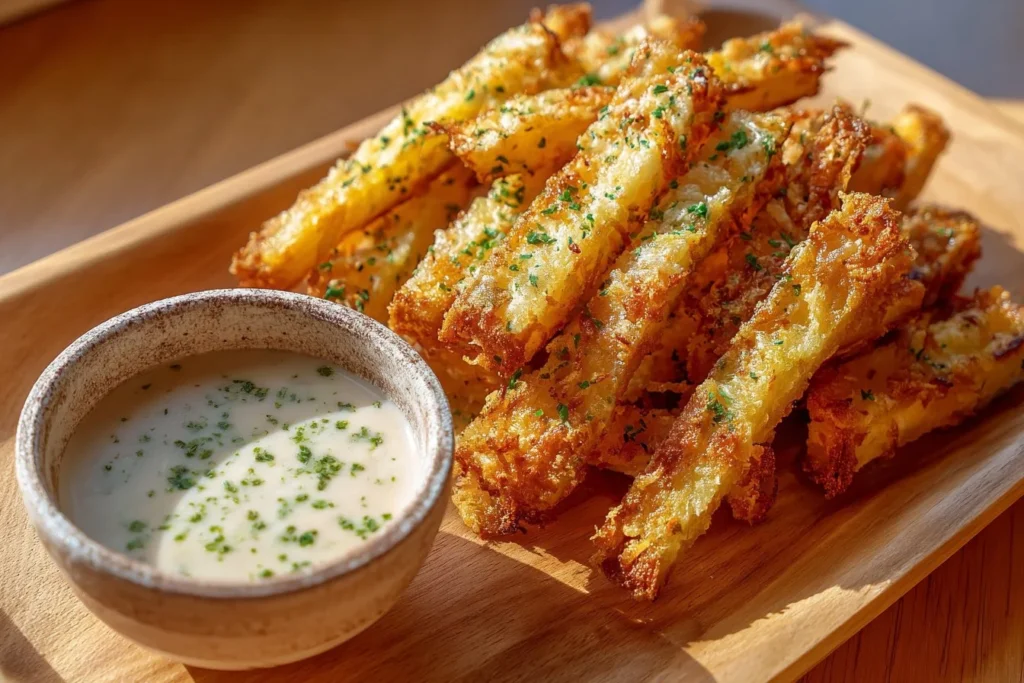 Crispy Air Fryer Parmesan Fries served in a bowl with herbs and spices.