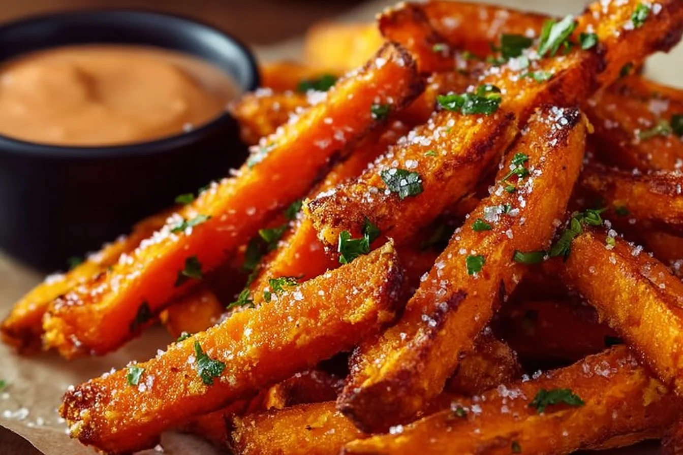 Crispy oven baked sweet potato fries served on a plate with dipping sauce.