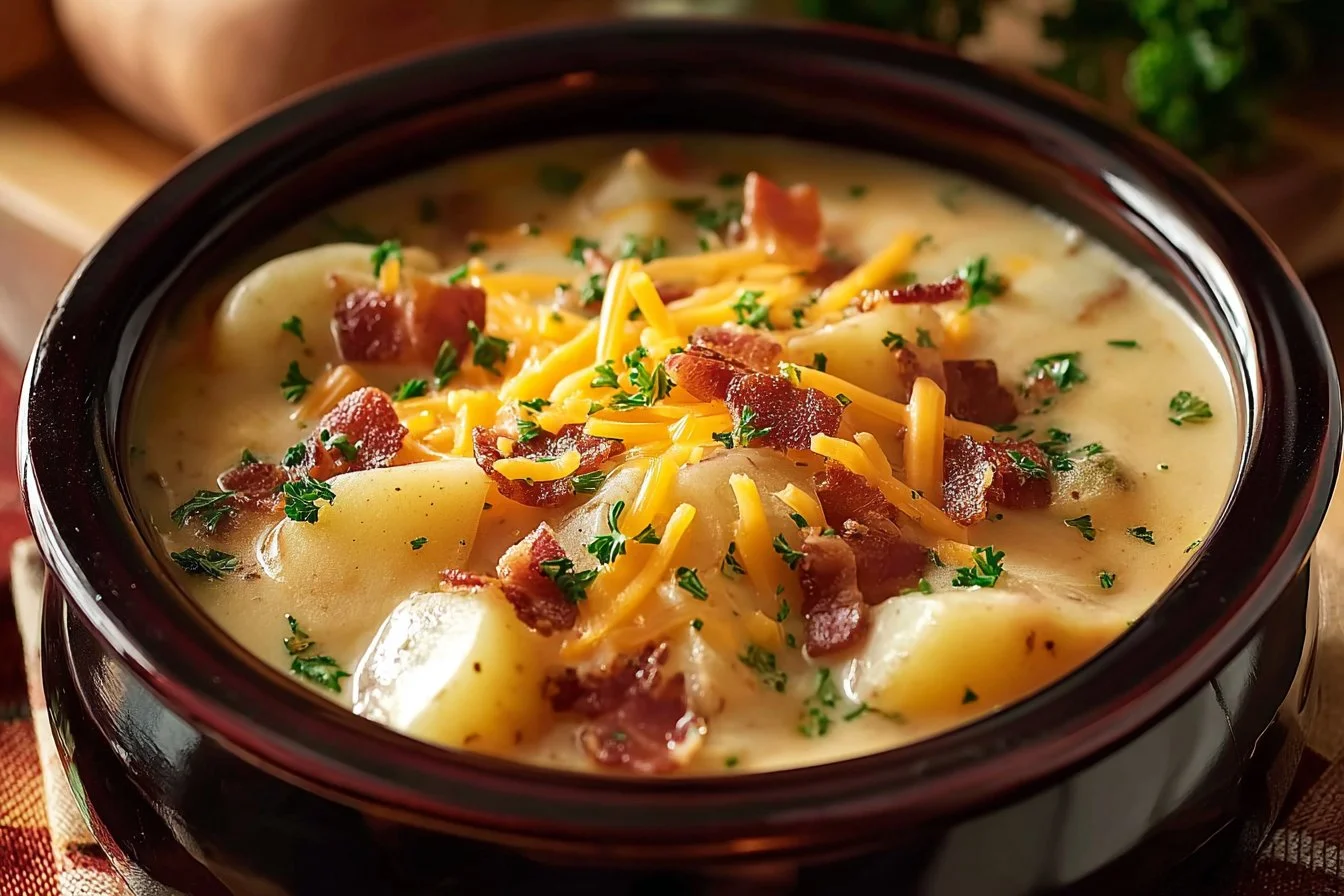 Crock Pot Crack Potato Soup garnished with green onions and bacon