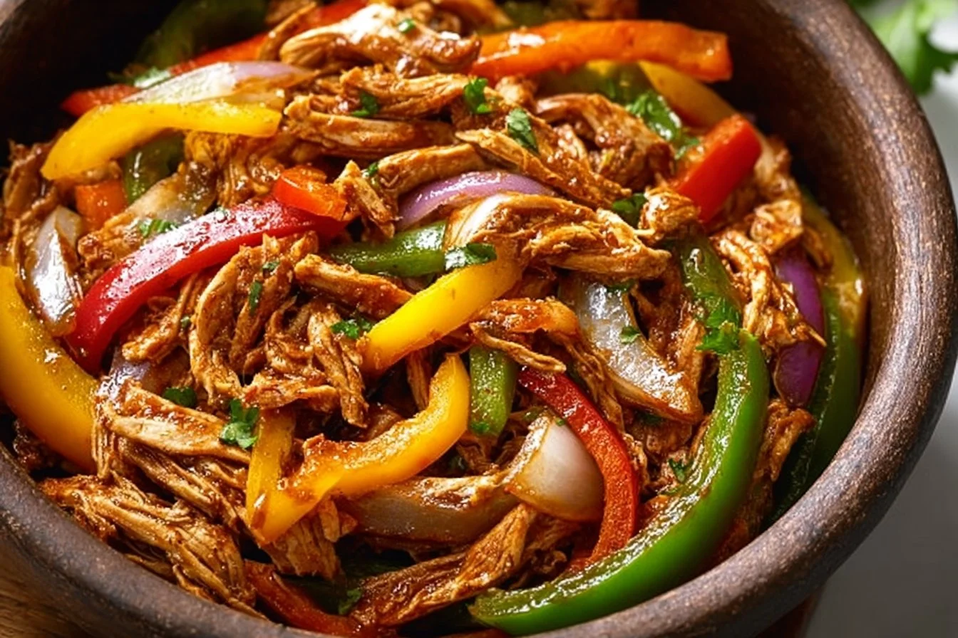 Delicious Crockpot Fajitas with chicken, peppers, and onions in a slow cooker.