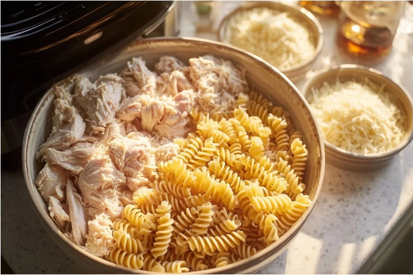Crockpot Garlic Parmesan Chicken Pasta served in a bowl with fresh herbs