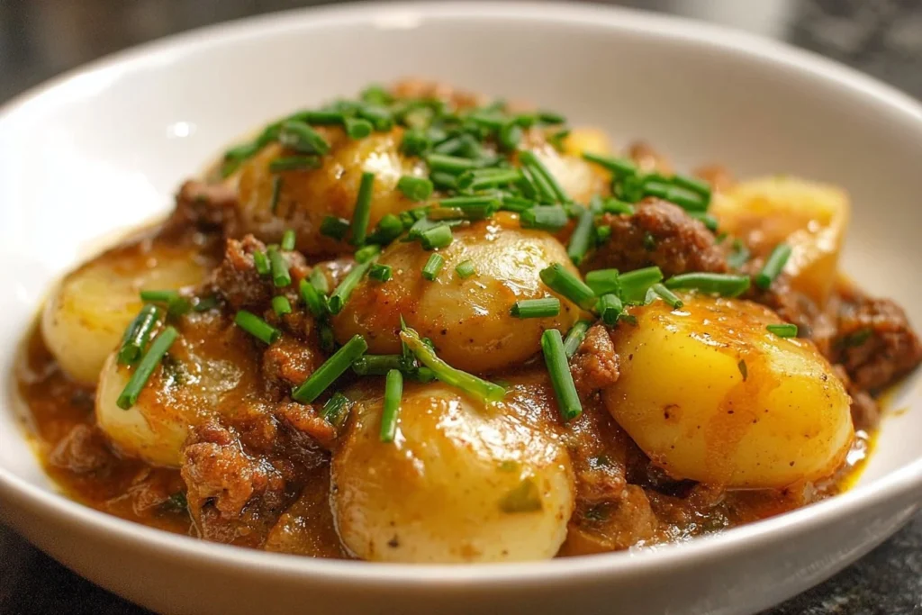 Delicious Crockpot Hamburger Potato Casserole with layered beef and potatoes