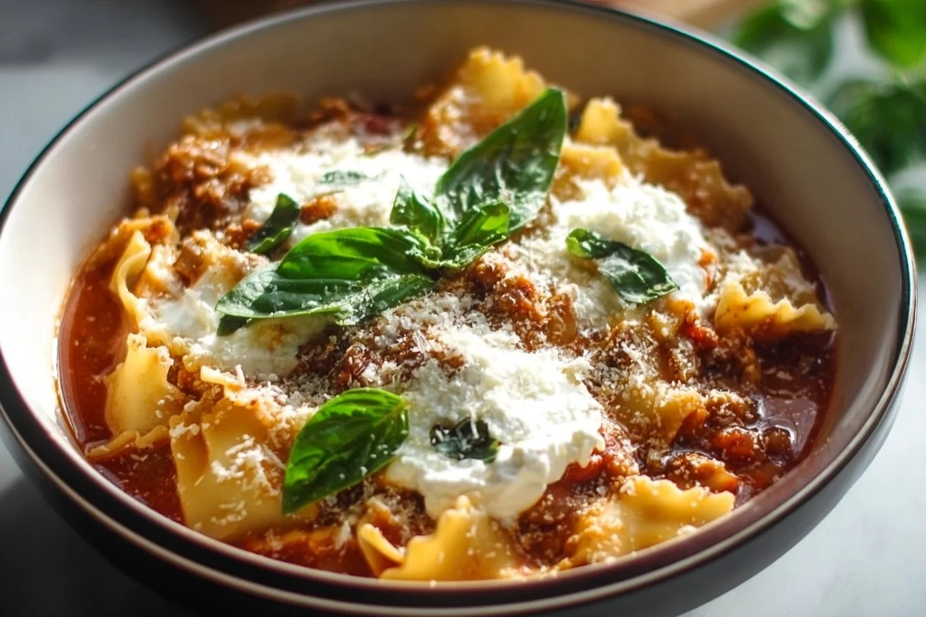 Bowl of Crockpot Lasagna Soup loaded with cheese and herbs