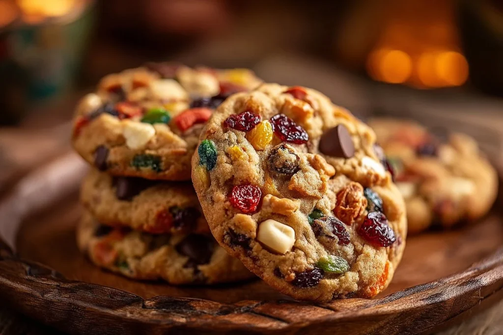 Decadent chewy fruitcake cookies with colorful fruits and nuts