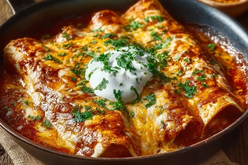 Plate of delicious chicken enchiladas topped with sauce and cheese