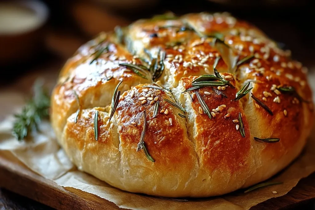 Homemade roasted garlic rosemary artisan bread fresh out of the oven.