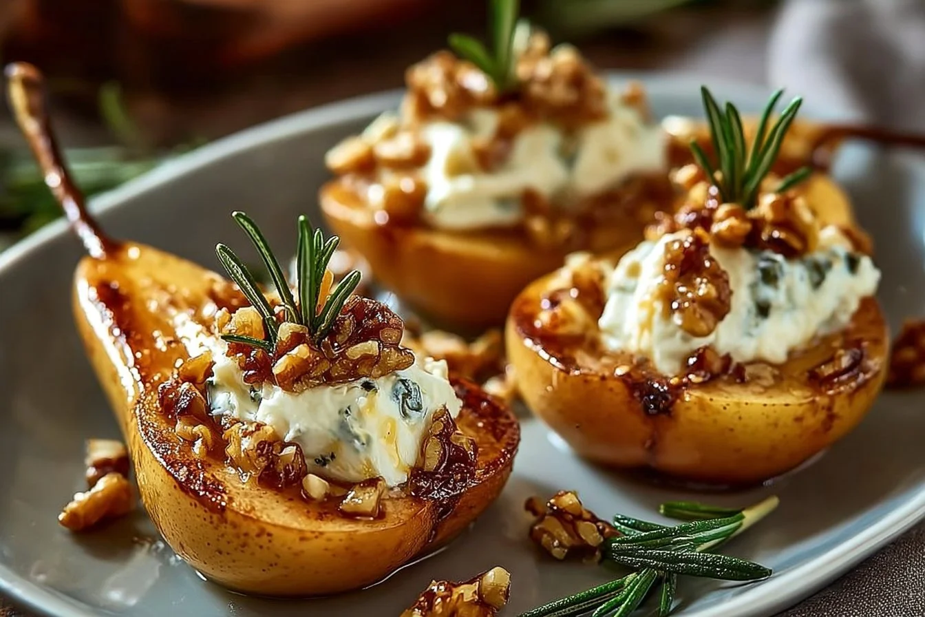 Elegant blue cheese stuffed pears garnished for a delicious appetizer.