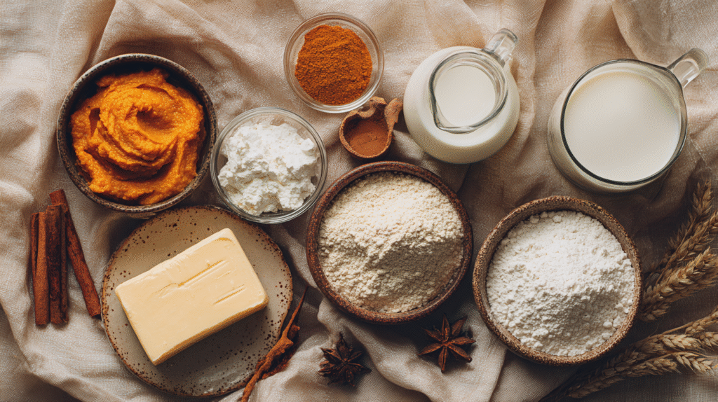 flat lay of ingredients: flour, pumpkin purée, brown sugar, cinnamon, eggs, baking soda – farmhouse table setup