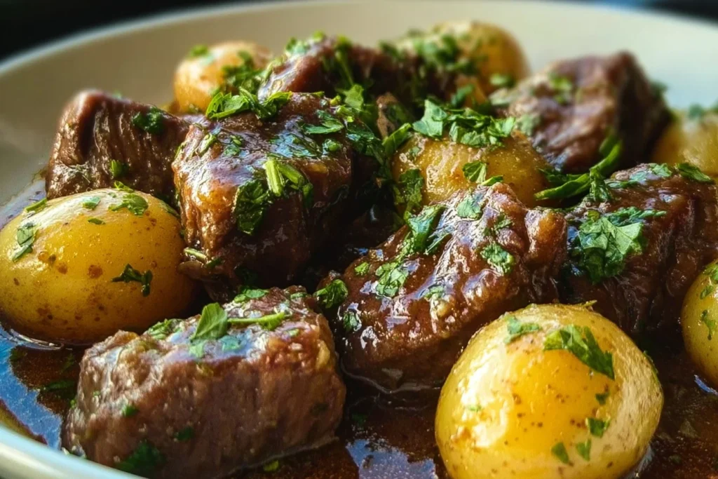 Garlic Butter Beef Bites with Potatoes served on a plate