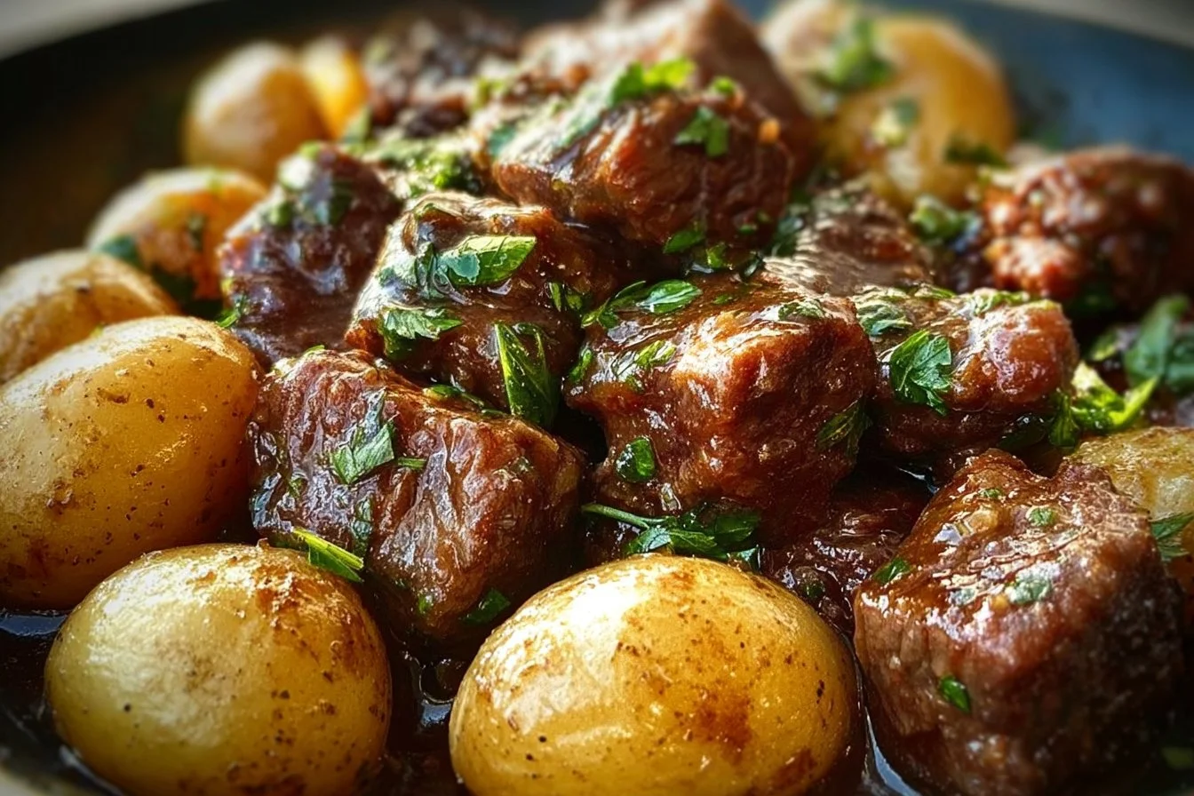 Garlic Butter Beef Bites served with tender potatoes on a plate