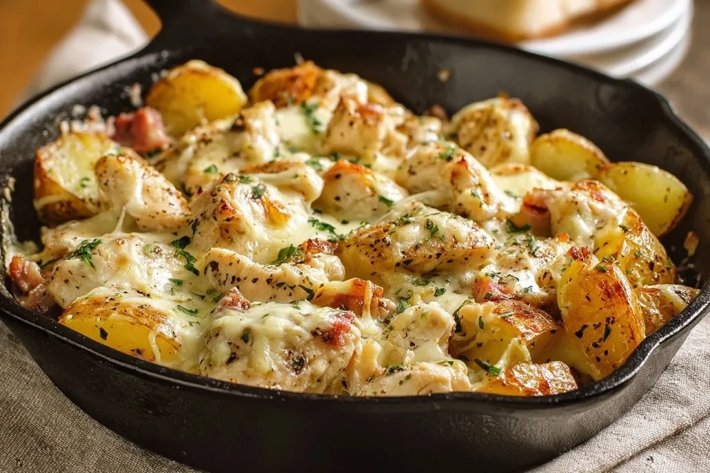 Skillet dish of Garlic Parmesan Chicken and potatoes seasoned to perfection
