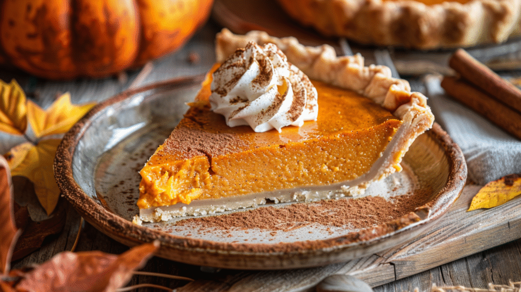 Slice of Gingersnap Pumpkin Pie topped with Ginger Cream on a plate