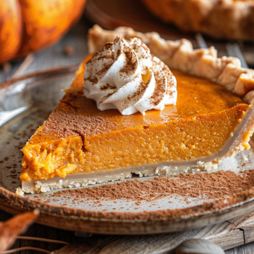Slice of Gingersnap Pumpkin Pie topped with Ginger Cream on a plate
