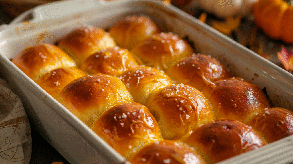 Freshly baked Pumpkin Dinner Rolls on a wooden table