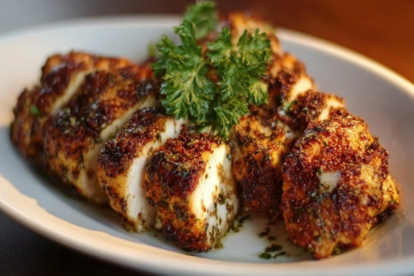 Juicy air fryer chicken breast served on a plate with herbs and spices