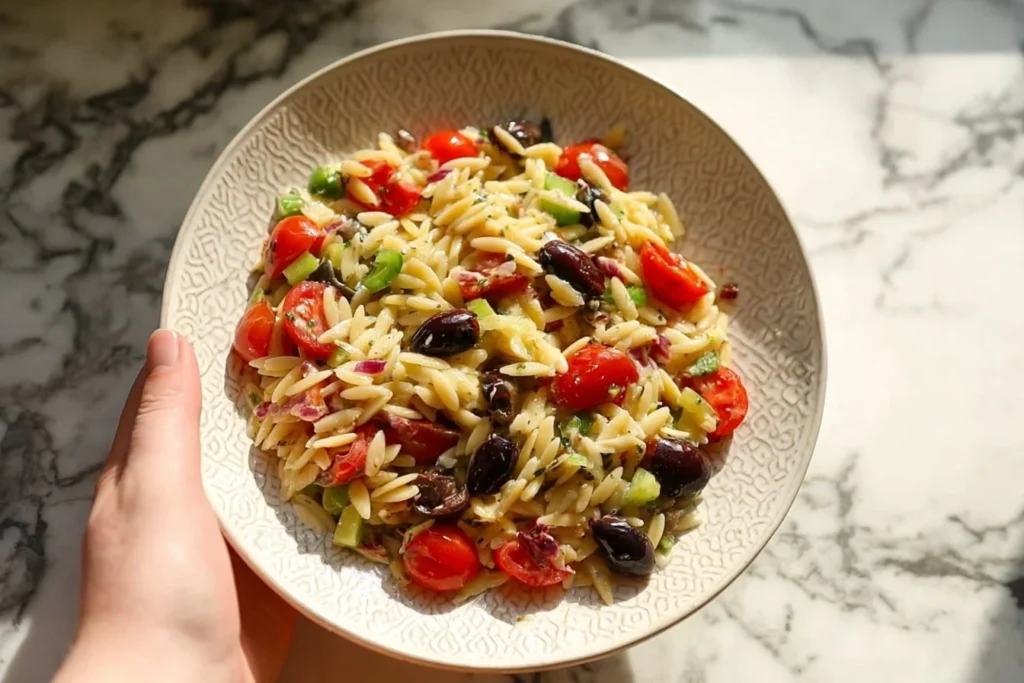 Delicious Greek Orzo Salad with fresh vegetables and feta cheese