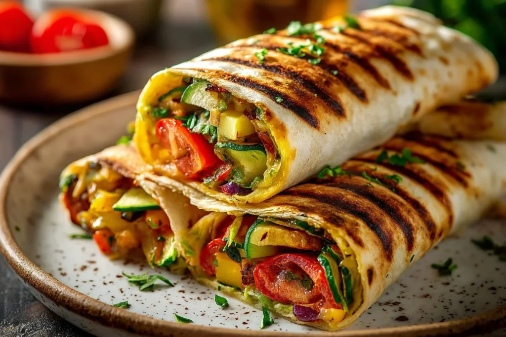 Grilled veggie wraps filled with fresh vegetables and herbs