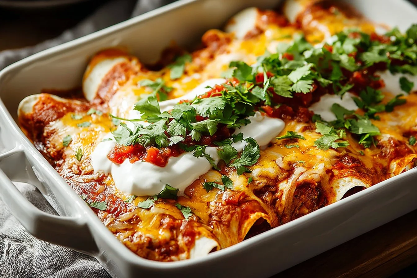 Delicious ground beef enchiladas with cheese and sauce served on a plate