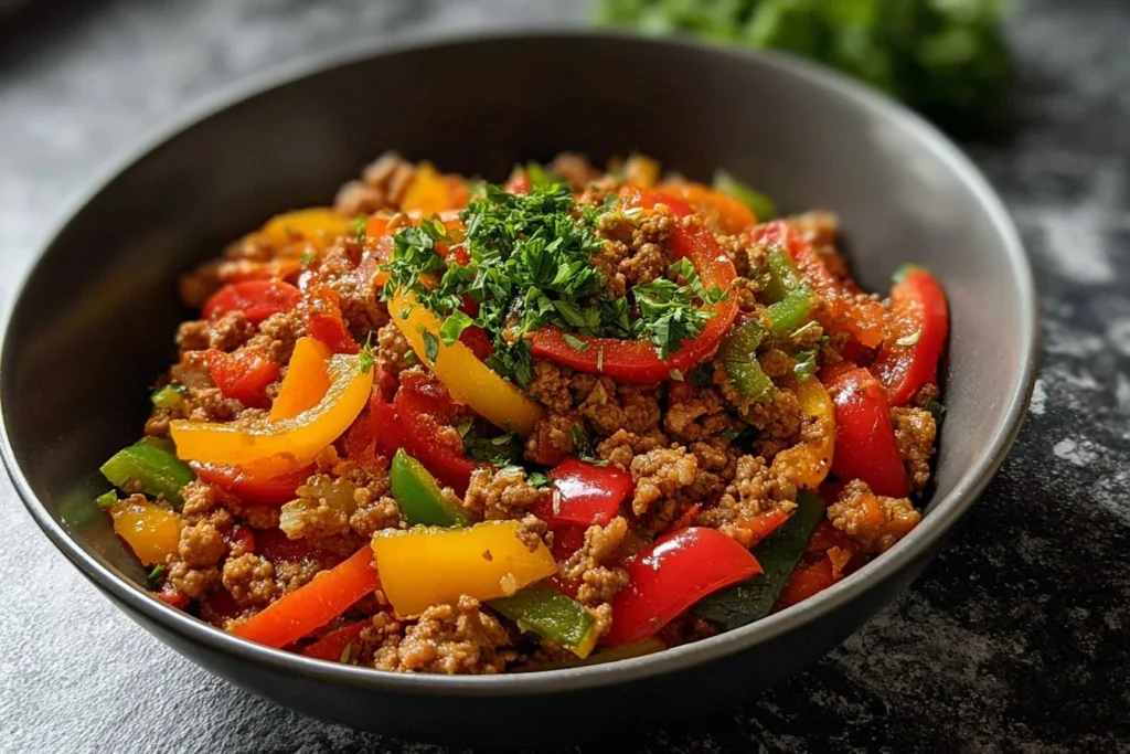 Ground turkey and peppers dish plated with fresh herbs