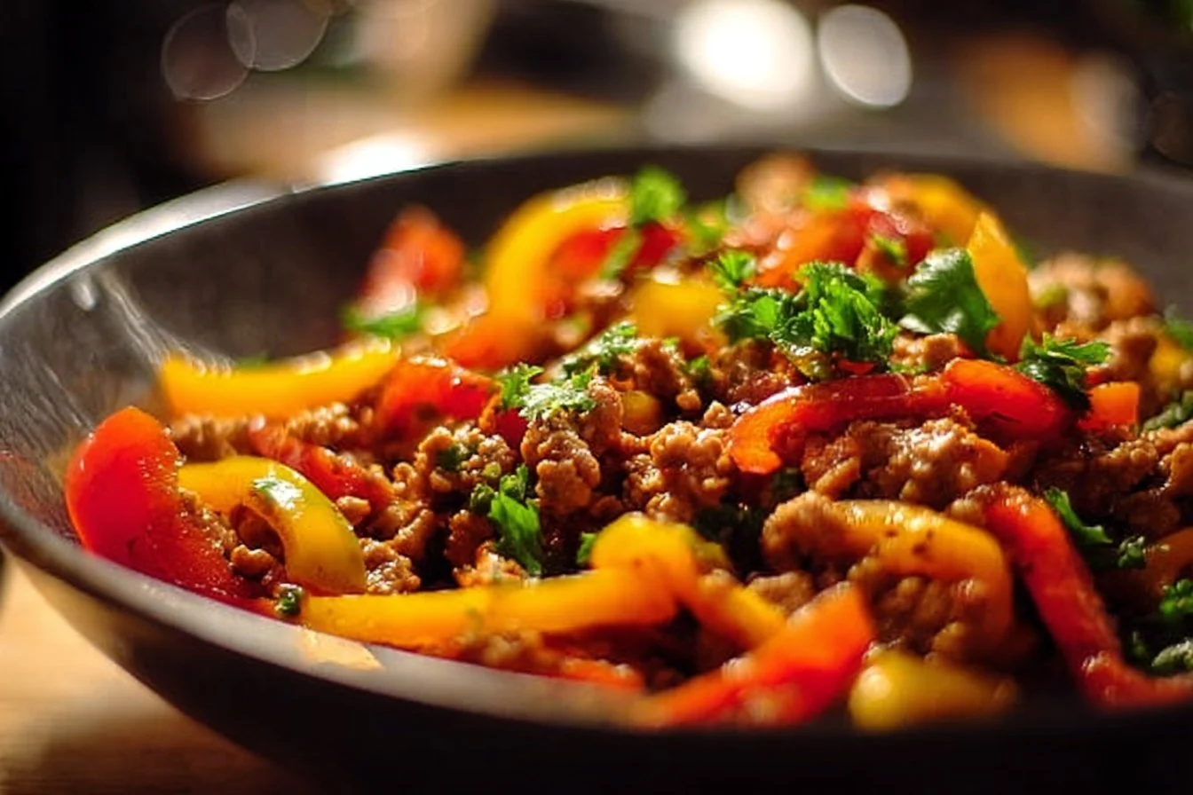 Ground turkey and peppers stir-fry in a vibrant dish, showcasing healthy ingredients.