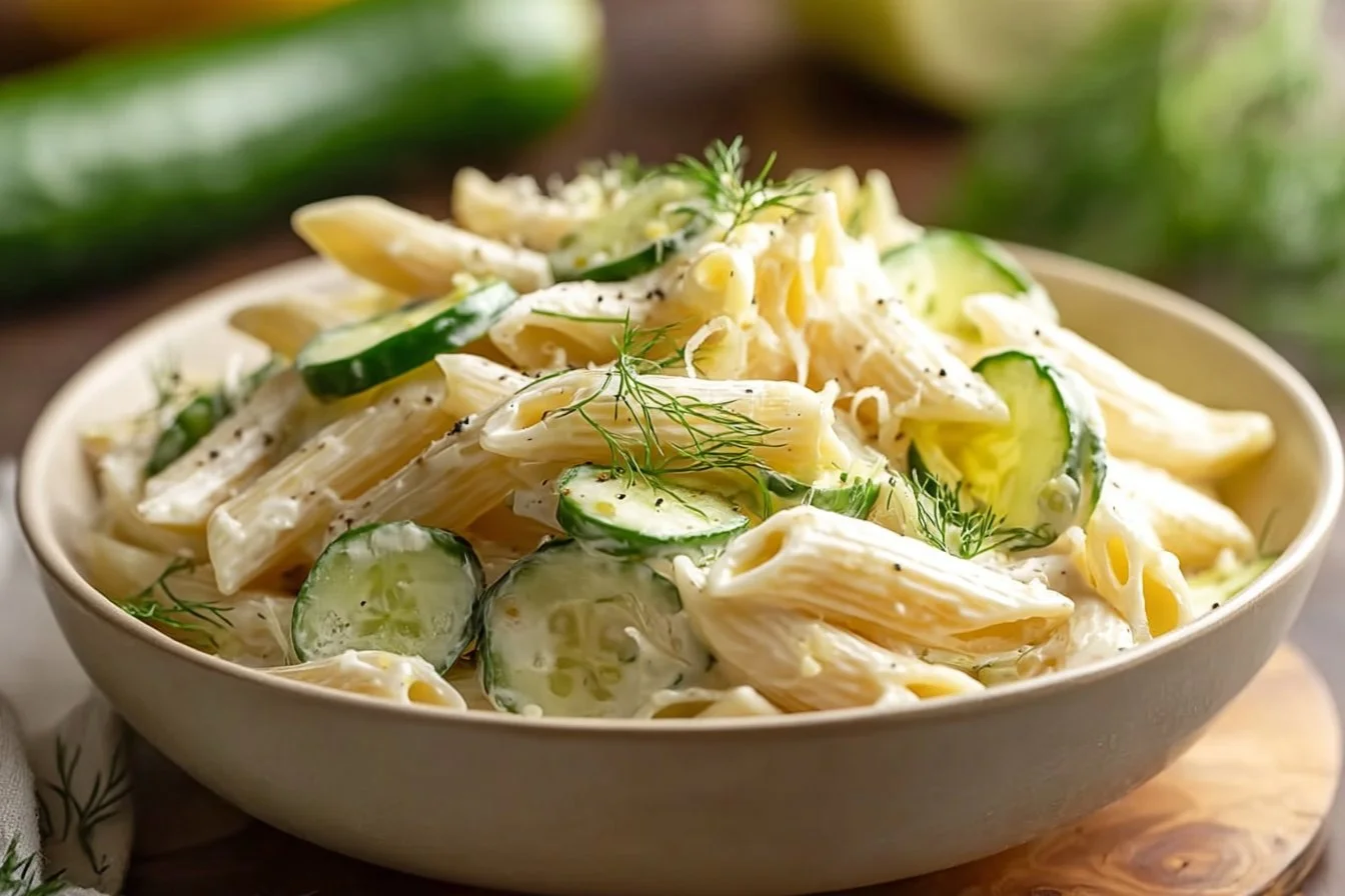 Delicious healthy cucumber pasta salad served in a bowl with colorful veggies.