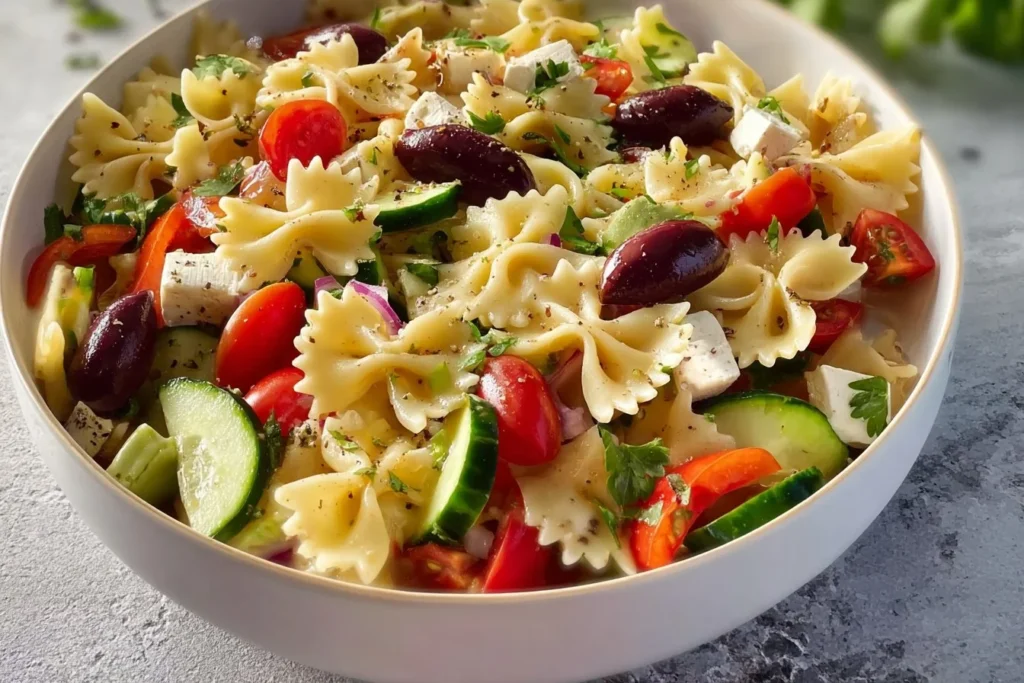 Bowl of Healthy Greek Pasta Salad with veggies and feta cheese