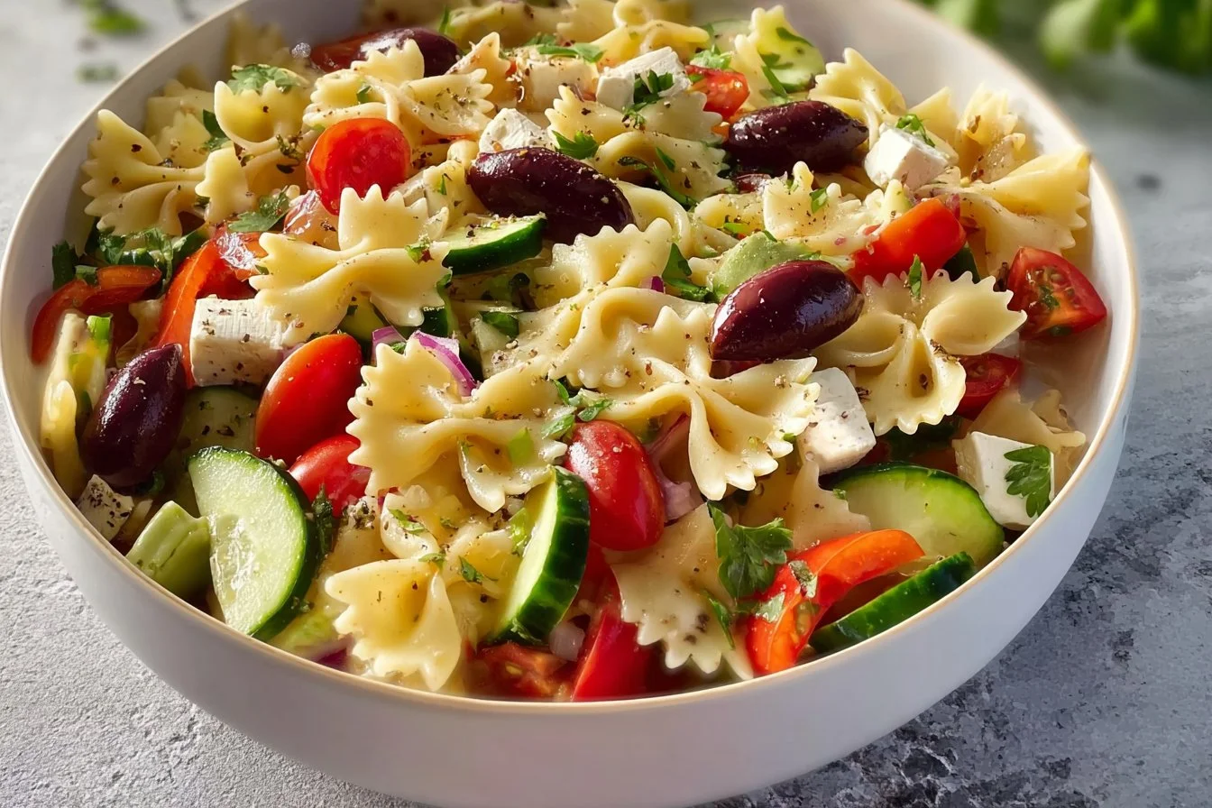 Bowl of Healthy Greek Pasta Salad with veggies and feta cheese