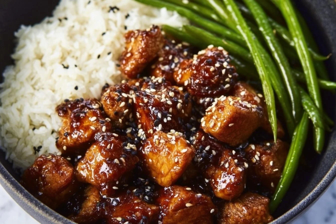 Healthy sesame chicken dish garnished with sesame seeds and vegetables