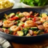 Keto Shrimp Skillet with sausage and vegetables in a skillet