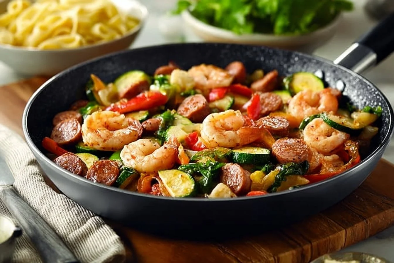 Keto Shrimp Skillet with sausage and vegetables in a skillet
