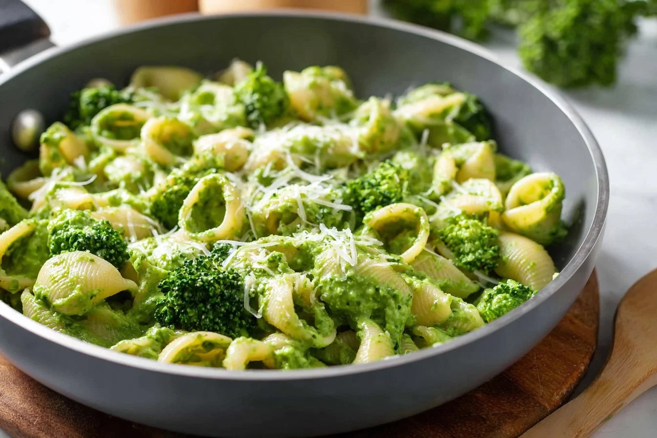 Healthy broccoli pasta dish with fresh ingredients and vibrant colors