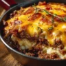 Low-Carb Bacon Cheeseburger Casserole baked dish with garnishes