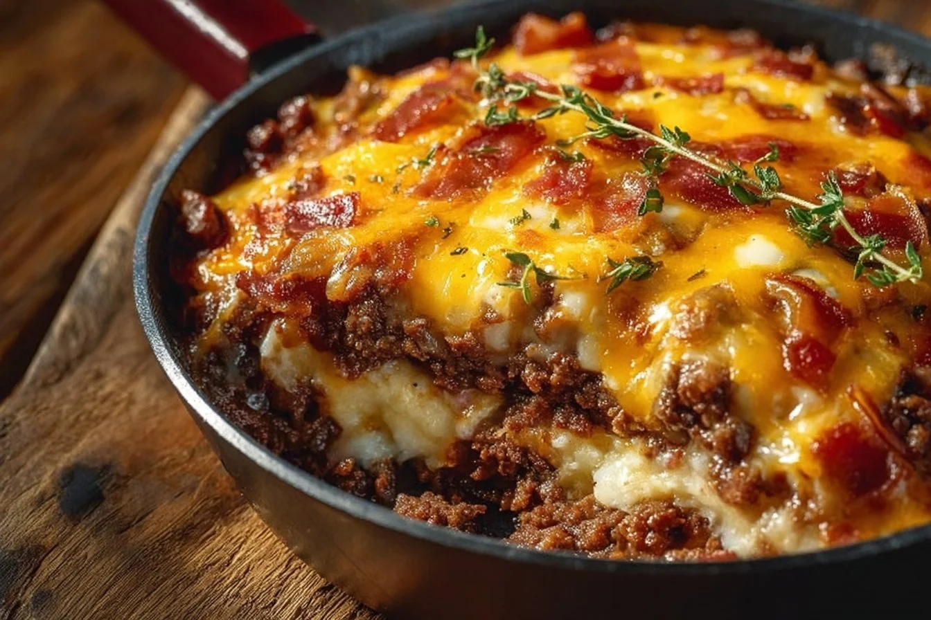 Low-Carb Bacon Cheeseburger Casserole baked dish with garnishes