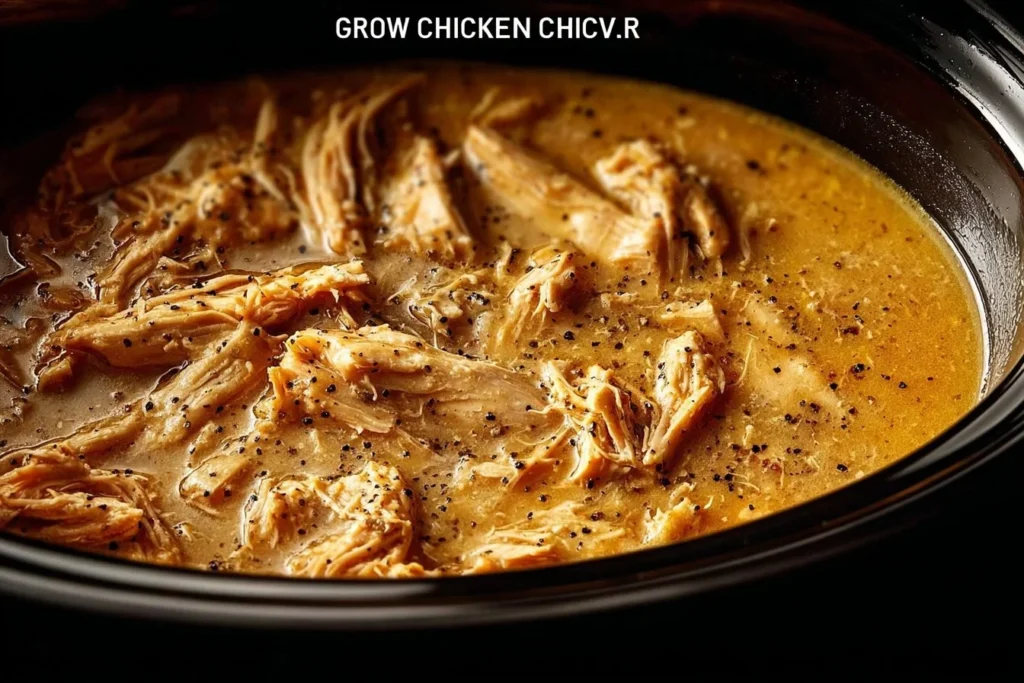 Low cooker chicken breasts with savory gravy served on a plate.