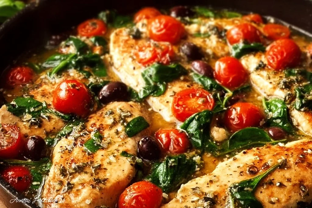 Plate of Mediterranean Chicken with vibrant vegetables and herbs