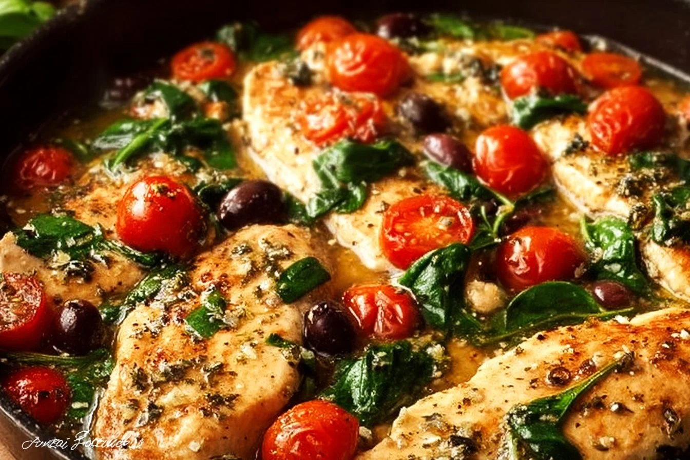 Plate of Mediterranean Chicken with vibrant vegetables and herbs