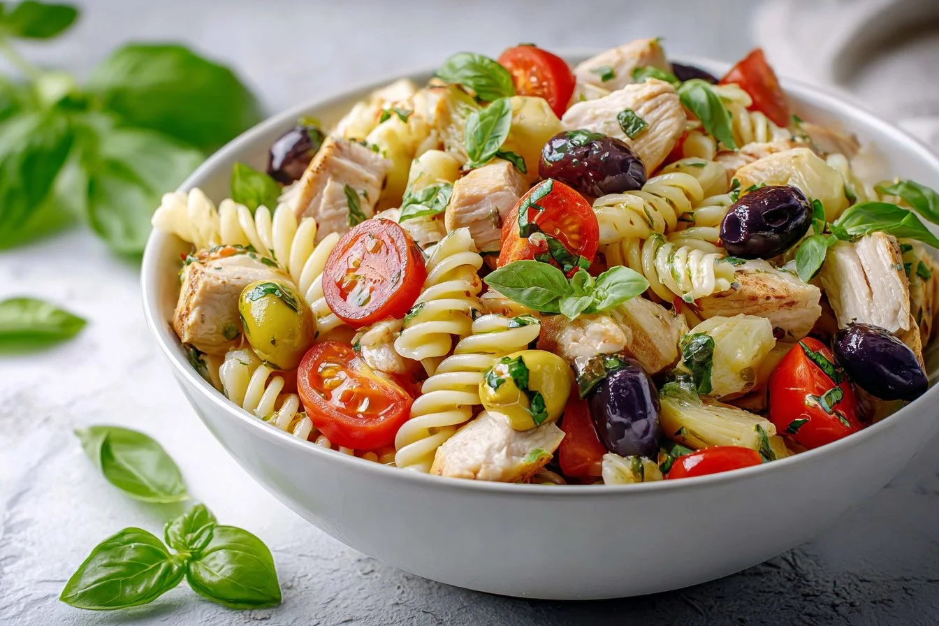 Mediterranean Chicken Pasta Salad with olives, tomatoes, and feta cheese
