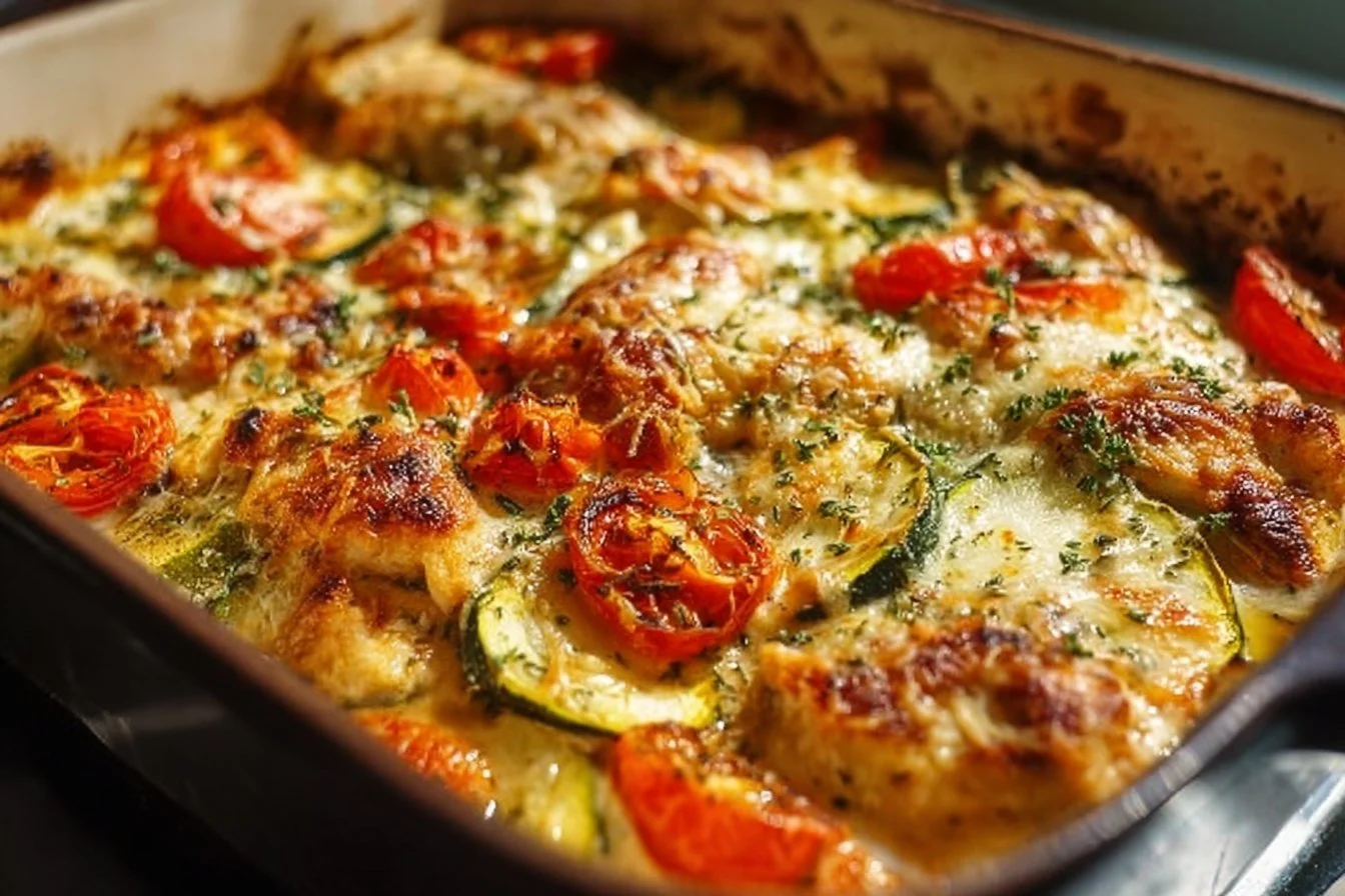 Mediterranean Chicken Zucchini Bake with vibrant vegetables and herbs