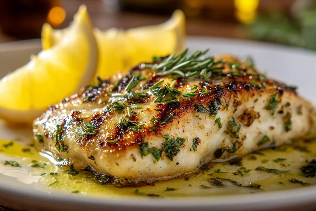 Mediterranean herb crusted grilled chicken on a serving plate