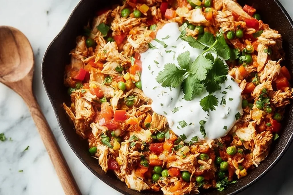 Delicious Mexican Pulled Chicken served in a taco with fresh toppings.