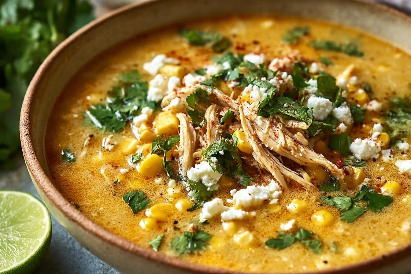 Bowl of delicious Mexican street corn soup topped with cilantro and lime