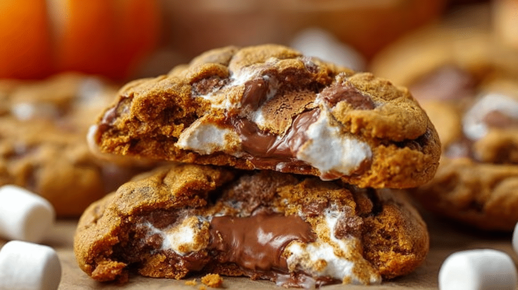 Delicious Pumpkin S'mores Cookies with chocolate and marshmallows